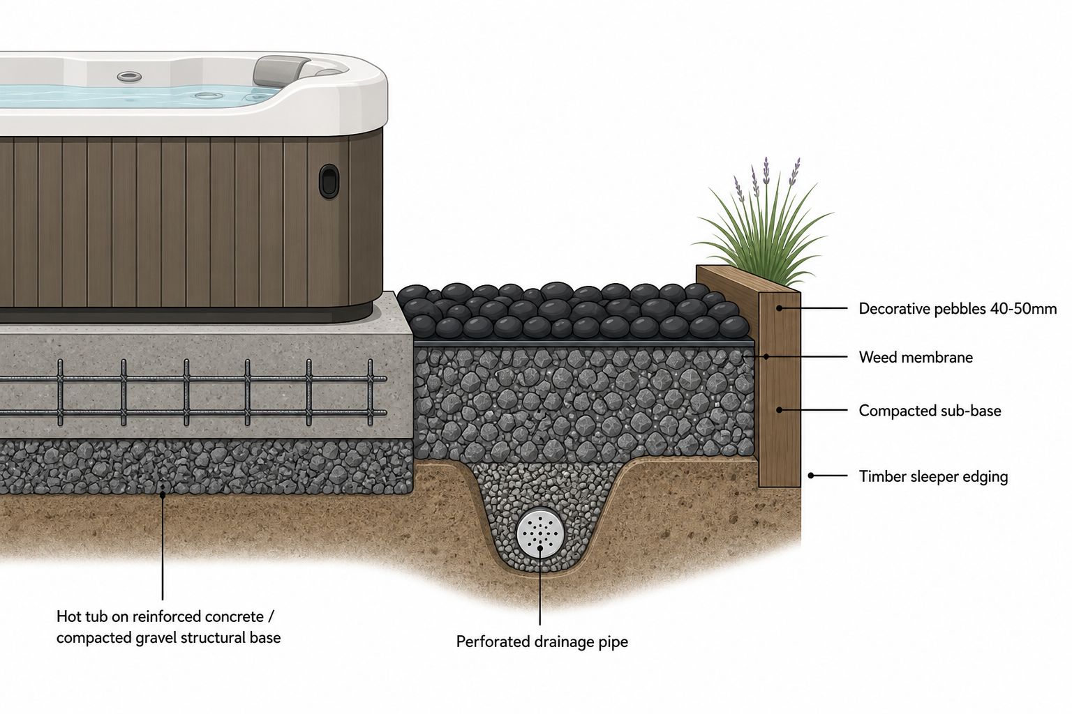 Cross-section diagram of a hot tub installation: reinforced concrete or compacted gravel structural base under the tub, and the decorative surround built up from compacted sub-base, weed membrane, 40-50mm decorative pebbles, with a perforated drainage pipe and timber sleeper edging