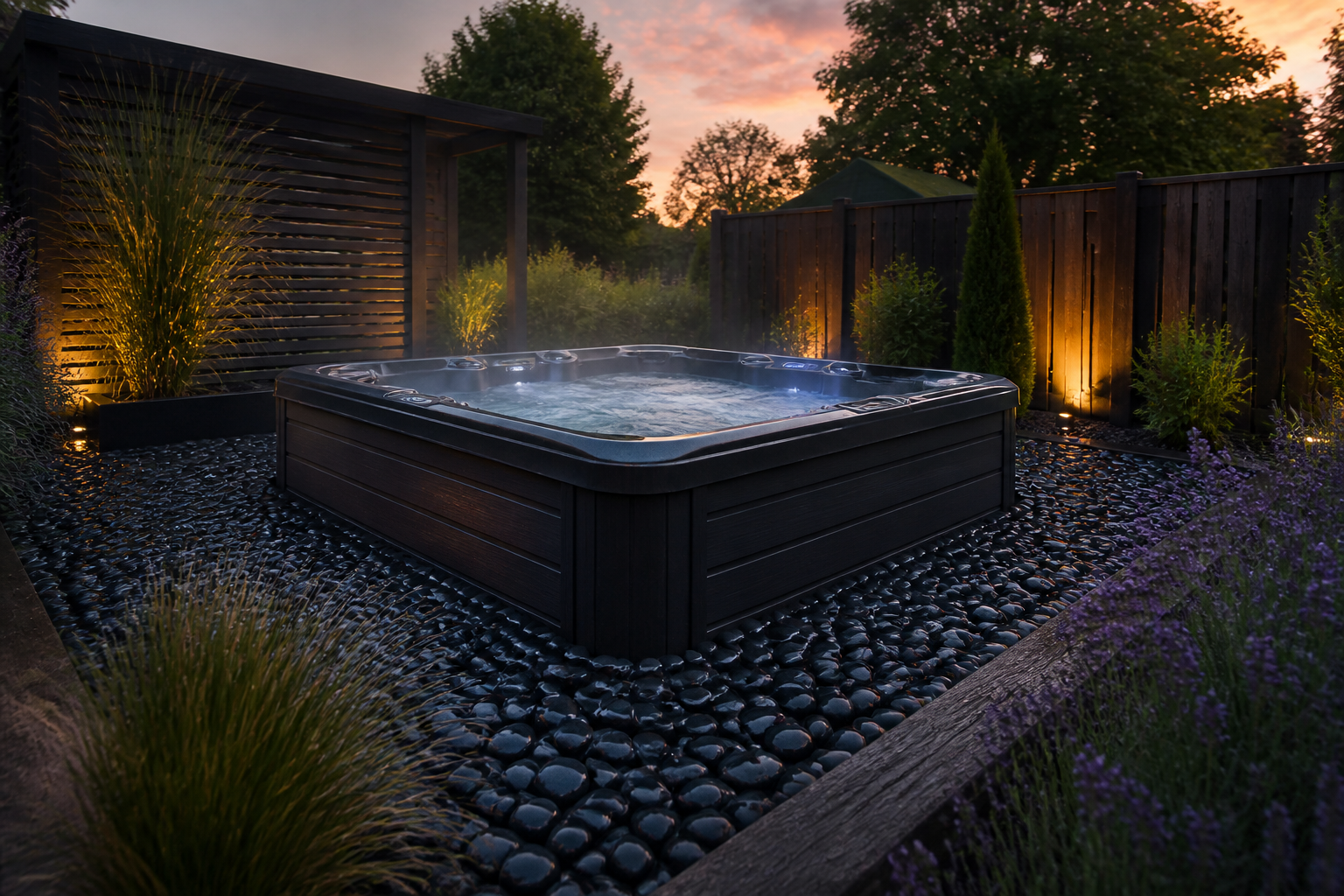 Modern anthracite hot tub in a UK garden surrounded by glossy black polished pebbles, timber sleeper edging, ornamental grasses and lavender, lit by warm LED lighting at dusk